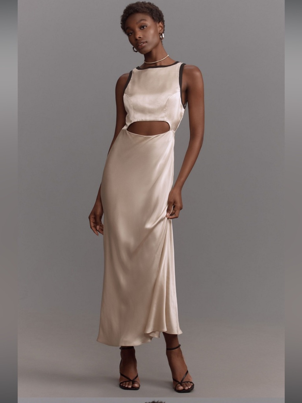 *EUC* Anthropologie Satin Sleeveless Midi Dress Champaign w/ Black Trim